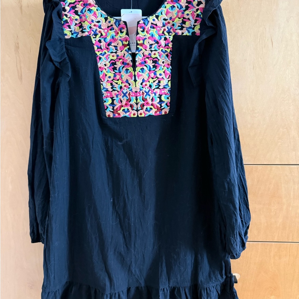 Black Long-Sleeve Dress with Multicolor Embroidered Yoke